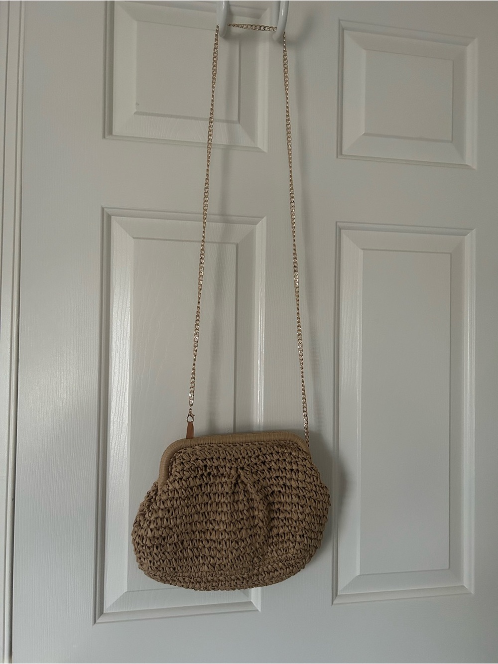 Woven Crochet Crossbody Bag in Tan with Gold Chain